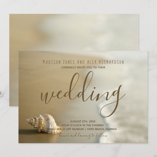 Goldene Seashell Beach Einladung zur Hochzeit (Vorne/Hinten)