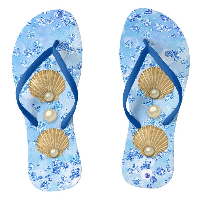 Goldene Seashells u. Perlen-Blau Bokeh Bling Flip Flops (Fußbett)