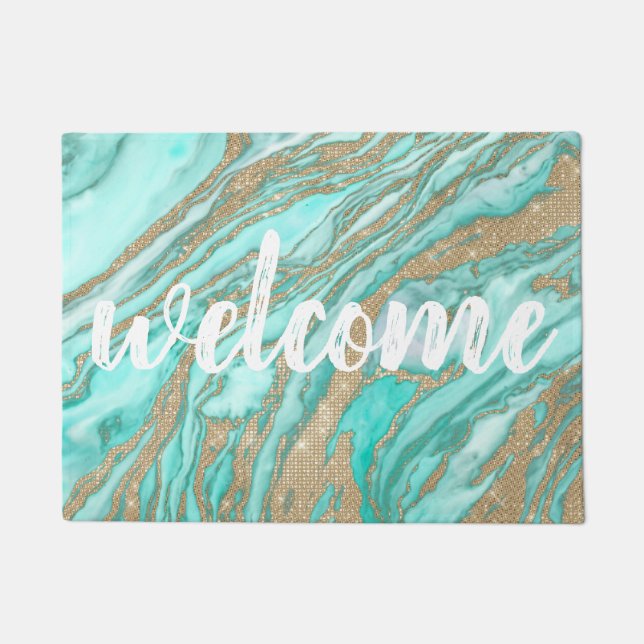 Goldene Sequin-Glitzer Aquamariner Smoky-Marmor Fußmatte (Vorderseite)