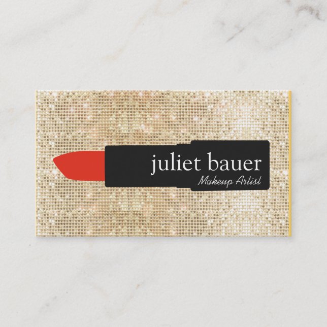 Goldene Sequin Makeup Artist Lipstick Logo Beauty Visitenkarte (Vorderseite)