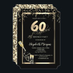 Goldene Sequins, Weinglas Flasche 60. Geburtstag Einladung<br><div class="desc">Gold Sequins,  Champagnerglas,  Flasche und Konfetti auf schwarzem Hintergrund.</div>