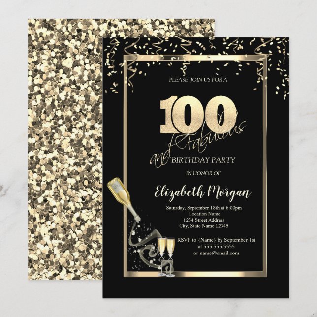 Goldene Sequins, Weinglas Flasche zum 100. Geburts Einladung (Vorne/Hinten)
