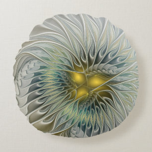 Goldene Silber-Blumen-Fantasie abstrakte Fraktal-K Rundes Kissen