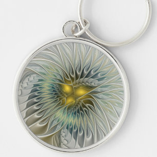Goldene Silber-Blumen-Fantasie-Abstrakte-Fraktal-K Schlüsselanhänger