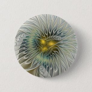 Goldene Silberblumen-Fantasie abstrakte Fraktal-Ku Button