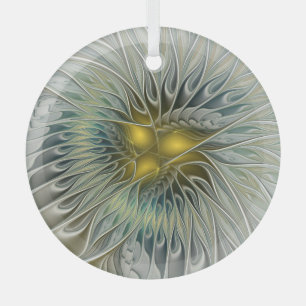 Goldene Silberblumen-Fantasie-Abstrakte Fraktal-Ku Ornament Aus Glas