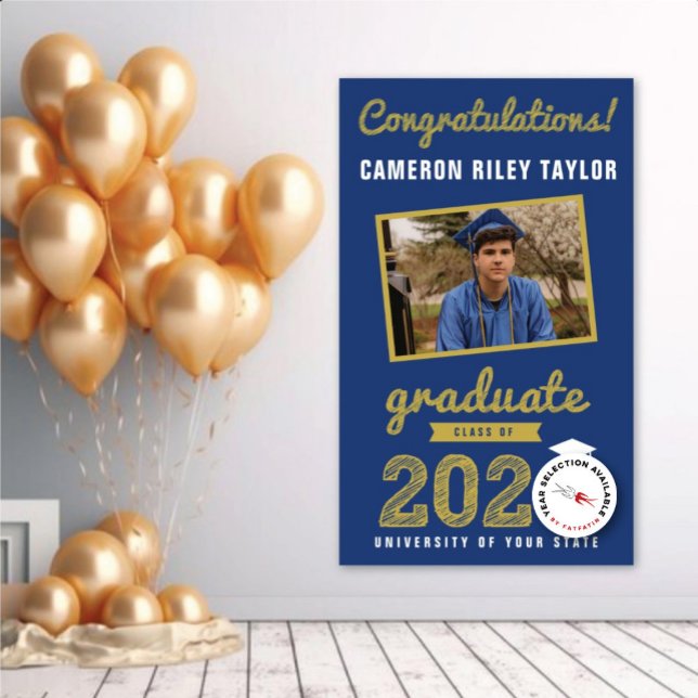 Goldene Sketch-Klasse der Foto-Graduationspartei 2 Banner (20YY Gold Sketch On Blue One Photo Modern Graduation Party Banner @ www.zazzle.com/color_therapy)