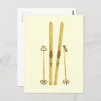 Goldene Skier und Polen | Retro Ski Illustration C