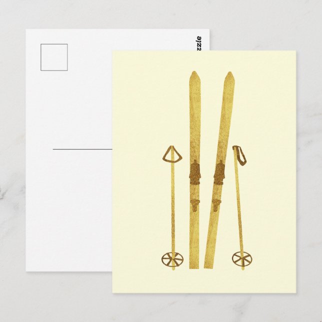Goldene Skier und Polen | Retro Ski Illustration C Postkarte (Vorne/Hinten)