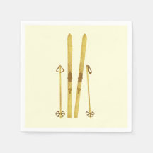 Goldene Skier und Polen | Retro Ski Illustration C