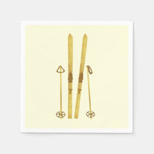 Goldene Skier und Polen Retro Ski Illustration C Serviette