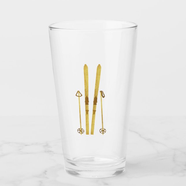 Goldene Skier und Polen | Retro Ski Illustration Glas (Vorderseite)