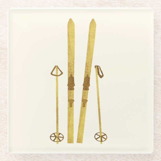 Goldene Skier und Polen | Retro Ski Illustration Glasuntersetzer (Vorderseite)