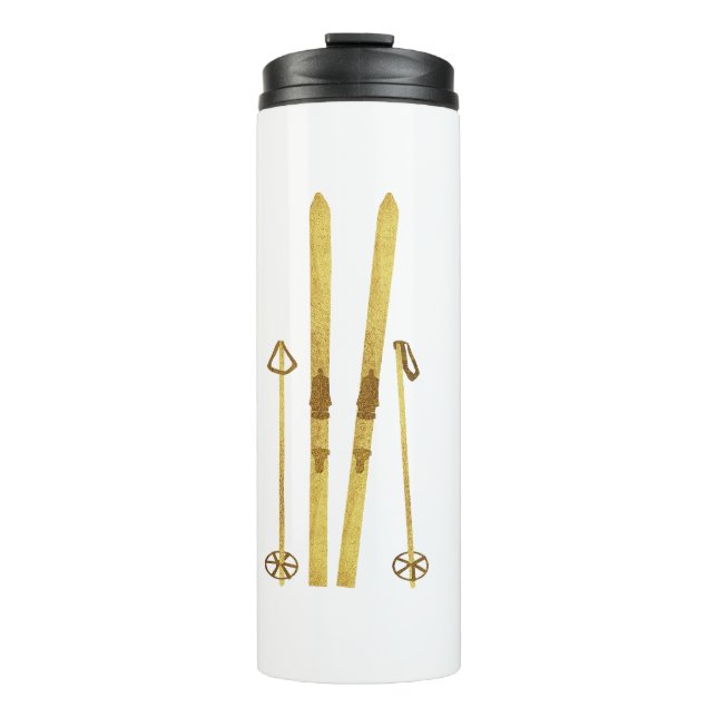 Goldene Skier und Polen | Retro Ski Illustration Thermosbecher (Vorderseite)