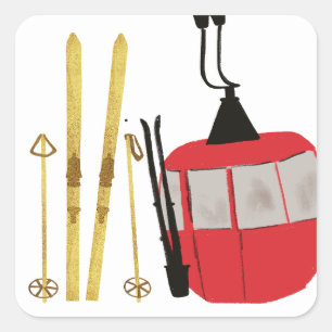 Goldene Skier und Polen   Retro Skilift Urlaub Quadratischer Aufkleber