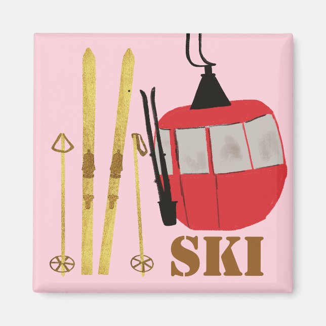 Goldene Skier und Polen | Retro Skilift Urlaub Ros Magnet (Vorne)