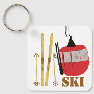 Goldene Skier und Polen Retro Skilift Urlaub Ros Schlüsselanhänger