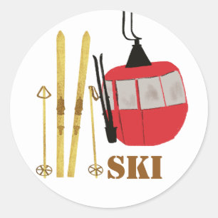Goldene Skier und Polen Retro Skilift Urlaub Runder Aufkleber