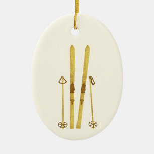 Goldene Skier und Stöcke Retro-Ski-Illustration Keramik Ornament