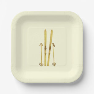 Goldene Skier und Stöcke Retro-Ski-Illustration Pappteller