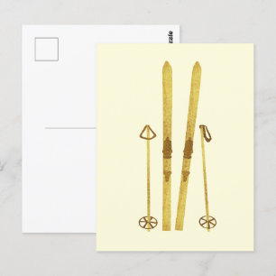 Goldene Skier und Stöcke Retro-Ski-Illustration Postkarte