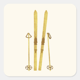 Goldene Skier und Stöcke Retro-Ski-Illustration Quadratischer Aufkleber