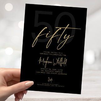 Goldene Skript Fifty Moderne schwarze 50. Geburtst Einladung