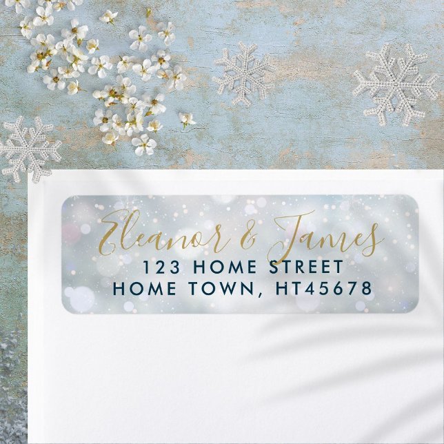 Goldene Skriptbezeichnung Winterschneeszene Rückse (Gold Script Name Winter Snow Scene Return Address Label)