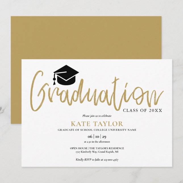 Goldene Skripte Moderne, einfache Graduierungspart Einladung (Vorne/Hinten)