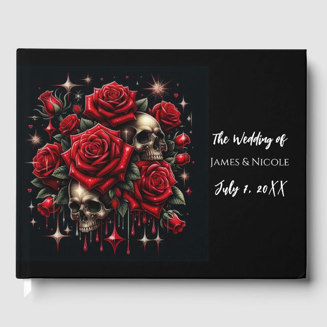 Goldene Skulle und Rote Rosen Sparkle Gotische Hoc Gästebuch (Vorderseite)