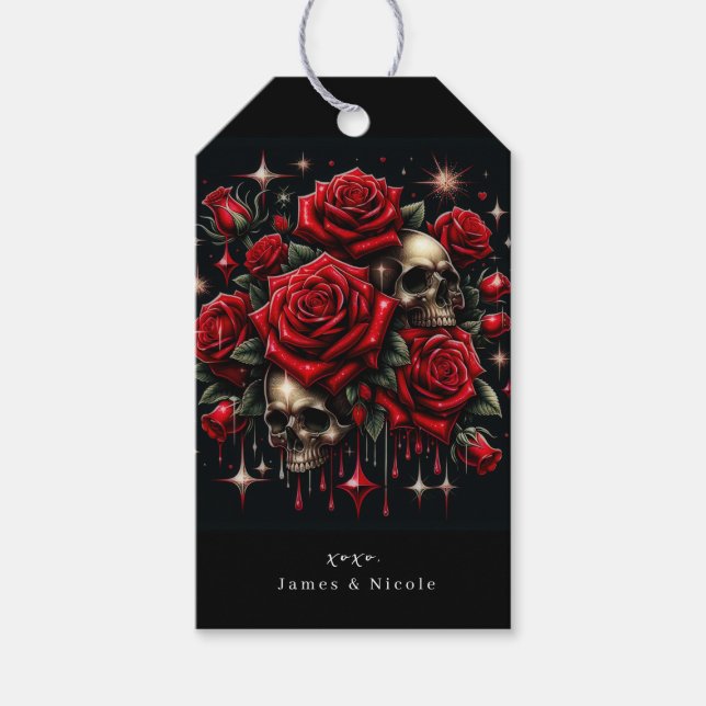 Goldene Skulls & Rote Rosen Sparkle Gotische Glamo Geschenkanhänger (Vorderseite)