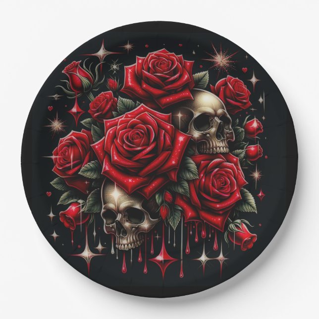 Goldene Skulls & Rote Rosen Sparkle Gotische Glamo Pappteller (Vorderseite)