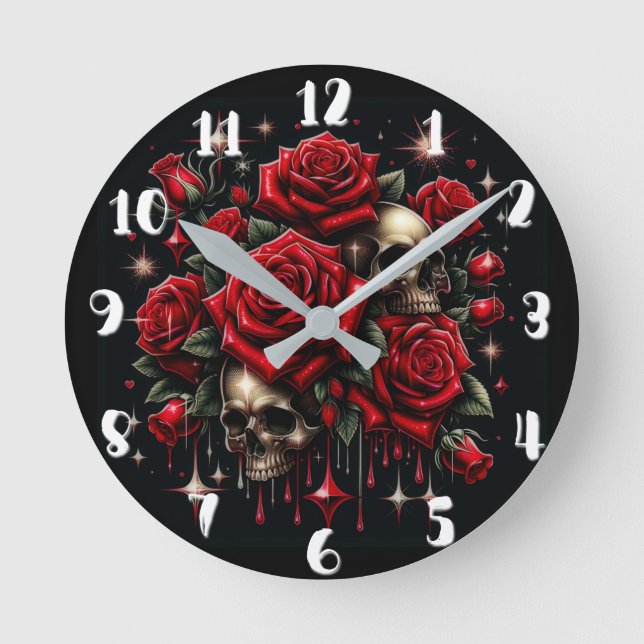 Goldene Skulls & Rote Rosen Sparkle Gotische Glamo Runde Wanduhr (Vorderseite)