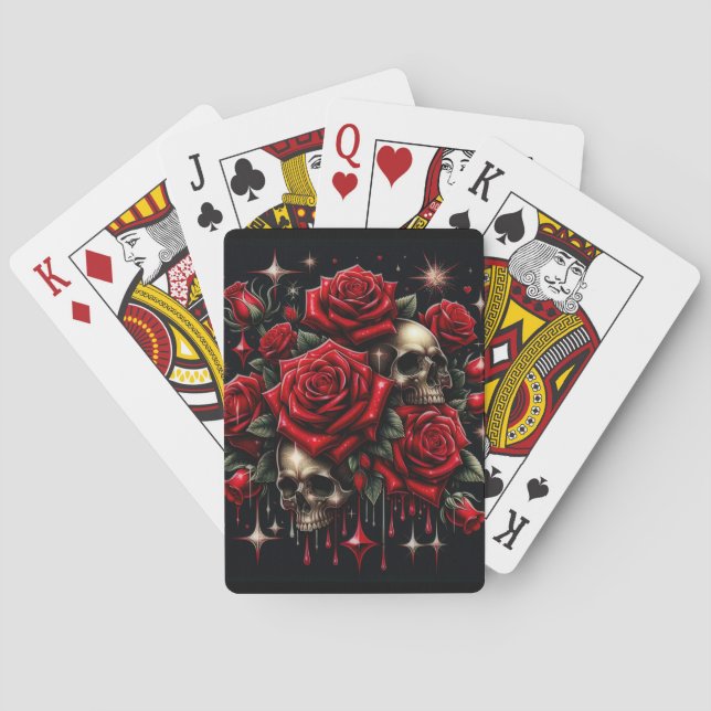 Goldene Skulls & Rote Rosen Sparkle Gotische Glamo Spielkarten (Rückseite)