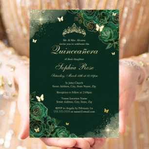 Goldene Smaragd-Schmetterling-Floral-Quinceanera Folieneinladung
