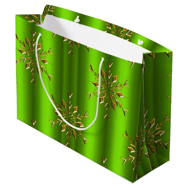 Goldene Snowflake-Stars zu grünen Weihnachten Große Geschenktüte (Rückseite Schrägansicht)