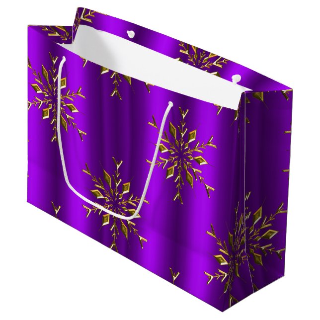 Goldene Snowflake-Stars zu Lila Weihnachten Große Geschenktüte (Vorderseite Schrägansicht)