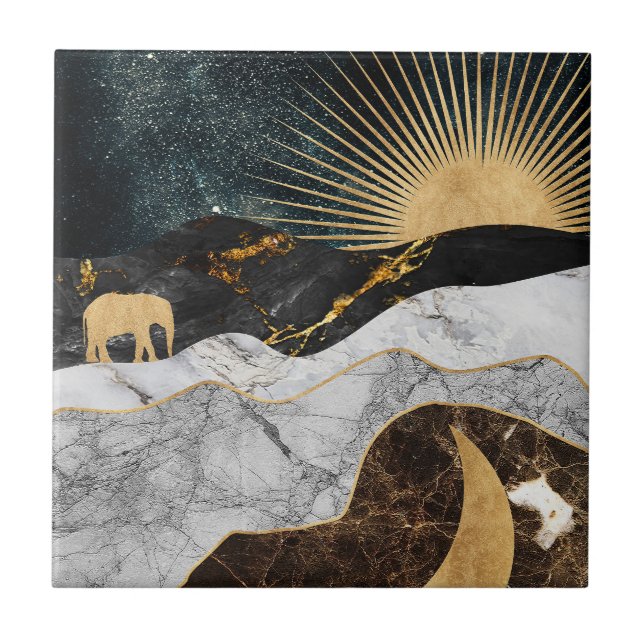 Goldene Sonne und Mond mit Elefant in Marmor Kosmi Fliese (Vorderseite)