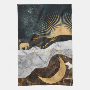 Goldene Sonne und Mond mit Elefant in Marmor Kosmo Geschirrtuch