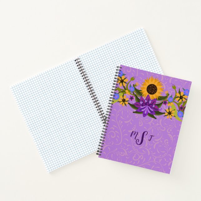 Goldene Sonnenblume auf dem Lavendel Wirbel Notizbuch (Innenseite)