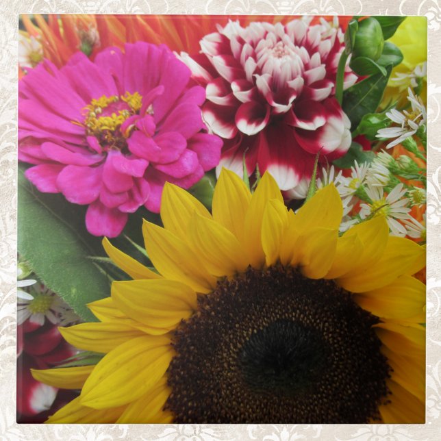 Goldene Sonnenblume Rosa Dahlia und Lila Zinnia Fliese (Von Creator hochgeladen)