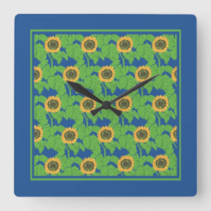 Goldene Sonnenblumen auf hellblauem Hintergrund Quadratische Wanduhr