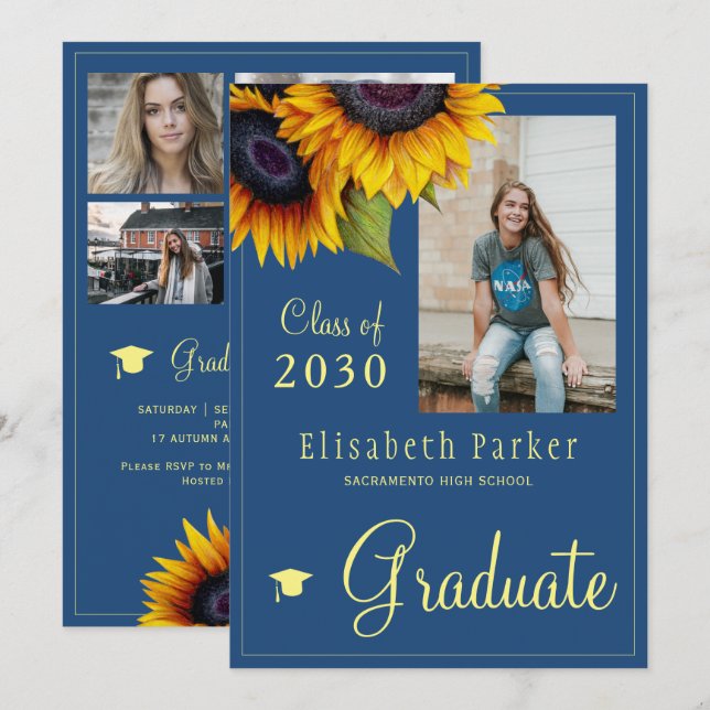 Goldene Sonnenblumen FOTO Collage Graduation Party Einladung (Vorne/Hinten)
