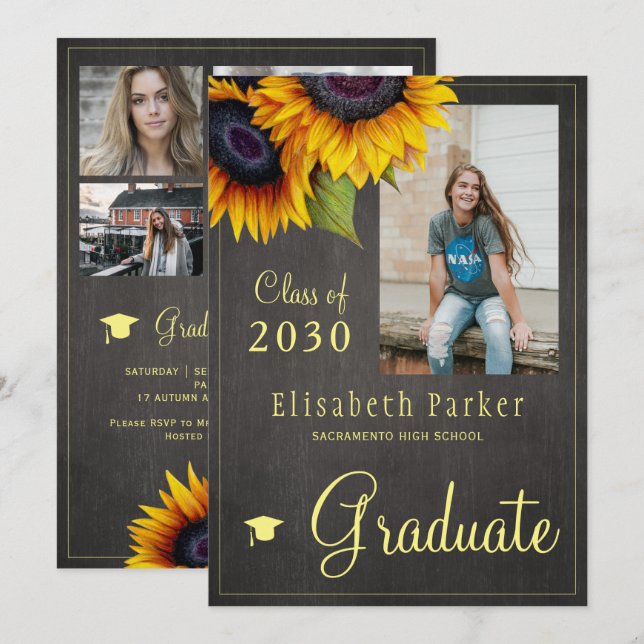 Goldene Sonnenblumen FOTO Collage Graduation Party Einladung (Vorne/Hinten)