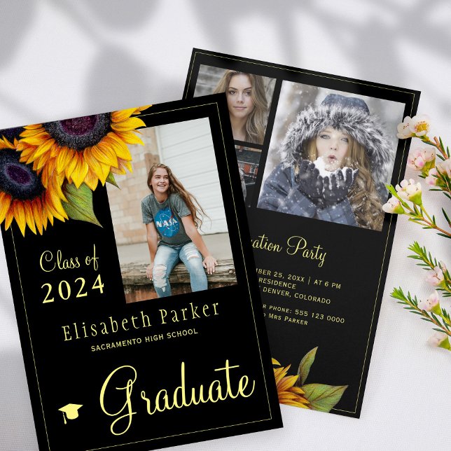 Goldene Sonnenblumen FOTO Collage Graduation Party Einladung (Von Creator hochgeladen)