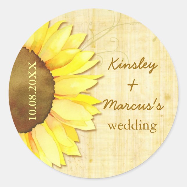Goldene Sonnenblumen Hochzeit retten Datum Runder Aufkleber (Vorderseite)