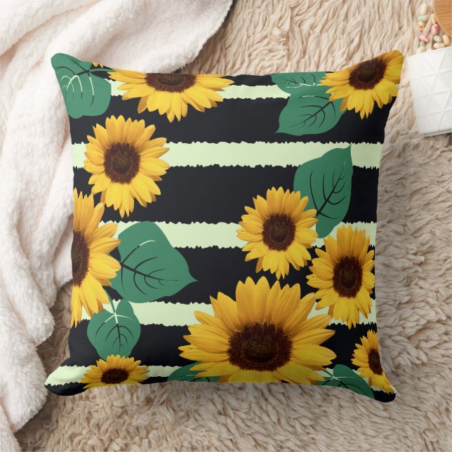 Goldene Sonnenblumen und gezackte Navy Stripes Gra Kissen (Decke)