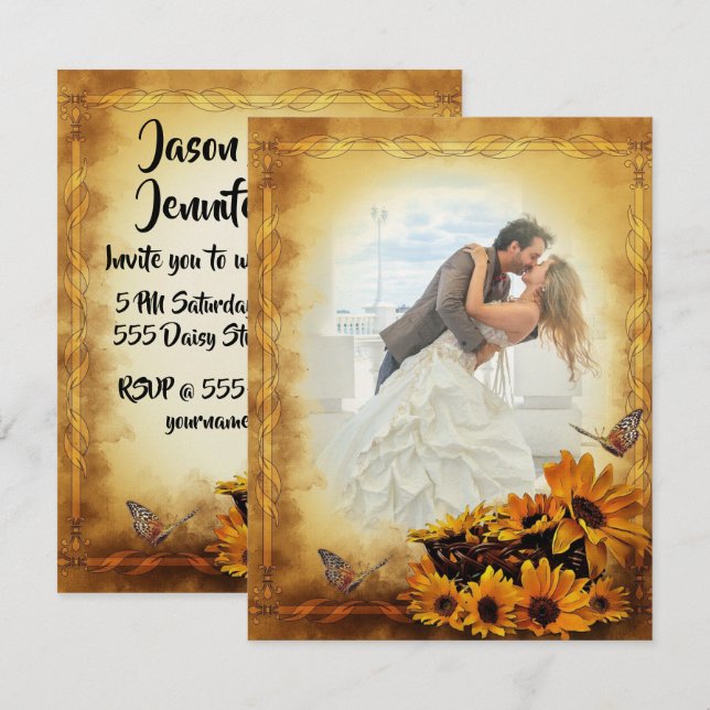 Goldene Sonnenblumen und Schmetterlinge Hochzeit Einladung (Vorne/Hinten)