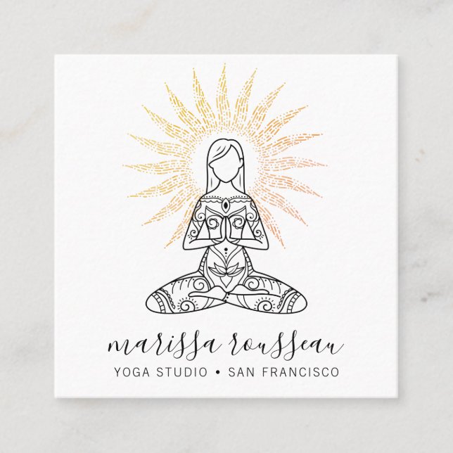Goldene Sonnenstrahlen Lotus Pose Yoga Instruktor Quadratische Visitenkarte (Vorderseite)