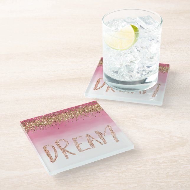 Goldene Sparkle Rosa Ombre Glitzer Traum Glasuntersetzer (Schrägansicht)